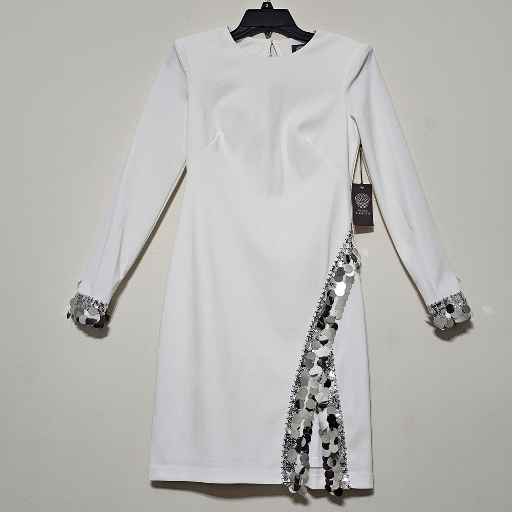 Alex Marie Dress 2/XS Suit White Knee-lenght Long Sleeves Sequin Side Slit 906